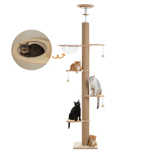 Nagaipet キャットタワー 突っ張り 木製 全面麻紐 爪研ぎ 直径10.5cm 極太 スリム 大型猫用 猫タワー 木目調 夏 木登りタワー おしゃれ 多頭飼い クリアボウル 宇宙船付き 滑り止めマット おもちゃ 登りやすい インテリア ベージュ 高さ調整幅200-261cm