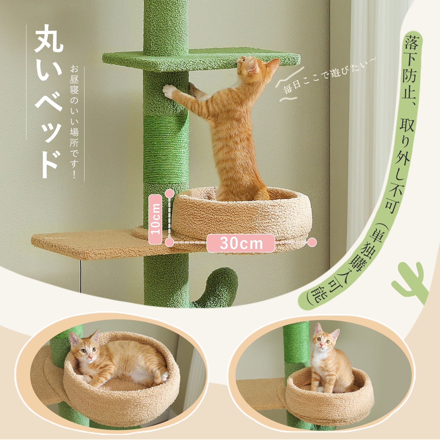 Nagaipet キャットタワー 突っ張り 極太10cm柱 サボテン スリム 太い支柱 猫タワー つっぱり 麻紐 多頭飼い コンパクト ハンモック 爪研ぎ つめとぎ 省スペース 運動不足解消 おもちゃ シンプル かわいい ネジ締め 高さ調整幅205~255cm