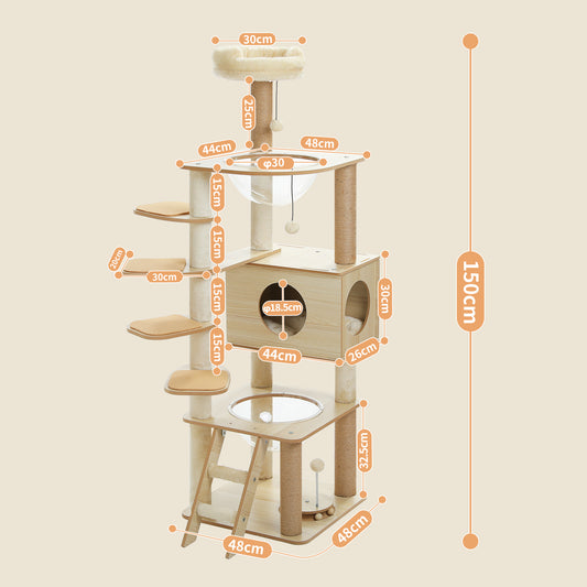 Nagaipet キャットタワー 木製 据え置き 木目調 多頭飼い 人気 低段差 階段 夏 透明ハンモック2つ 宇宙船 爪研ぎ シニア猫 太った猫 短足猫 子猫向け おしゃれ 隠れ家 見晴台 滑り止めマット 猫ハウス 角丸加工 掃除簡単 高さ150cm