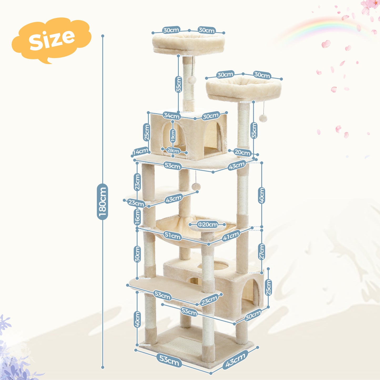 Nagaipet キャットタワー 猫タワー 大型猫用 夏 多頭飼い 丈夫 ハンモック 据え置き スリム ねこ ネコ 麻紐 爪とぎポール 猫のおもちゃ ポンポン 転倒防止ベルト付き 展望台 猫ベッド 運動不足解消