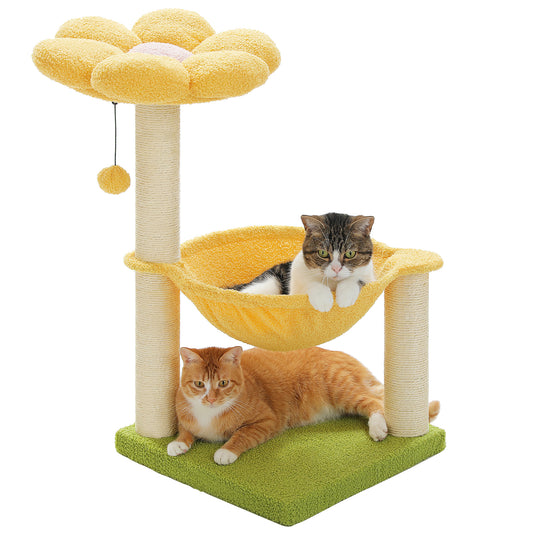 Nagaipet キャットタワーミニ 猫タワー 据え置き スリム 低い 小型 木の葉 お花 猫ベッド ハンモック コンパクト 省スペース 天然サイザル麻 カラフル 人気 おしゃれ 可愛い 組立簡単 おもちゃ ポンポン インテリア ピンク イエロー 高さ70cm