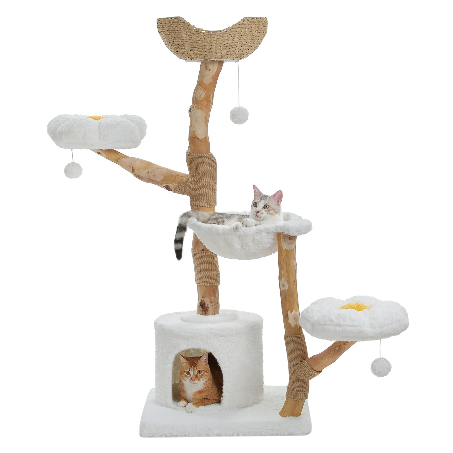 Nagaipet キャットタワー 天然木 梨の木 無垢材 木製 大型猫 手編みカゴ 猫タワー 高品質 多頭飼い 据え置き モフモフ ふわふわ 猫 爪研ぎ 麻紐 猫ハウス 展望台 おもちゃ 可愛い おしゃれ つめとぎ ホワイト 高さ150cm