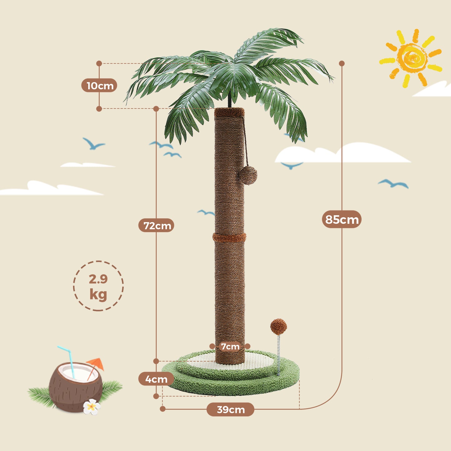 Nagaipet 猫 爪研ぎポール ミニ ヤシの木 ココナッツツリー型 ココヤシ 観葉植物 省スペース 爪とぎ おもちゃ 麻縄 天然サイザル 小型キャットタワー 猫タワー コンパクト 小型 ガリガリ 棒 誘い玉 運動不足 ストレス解消 高さ85cm