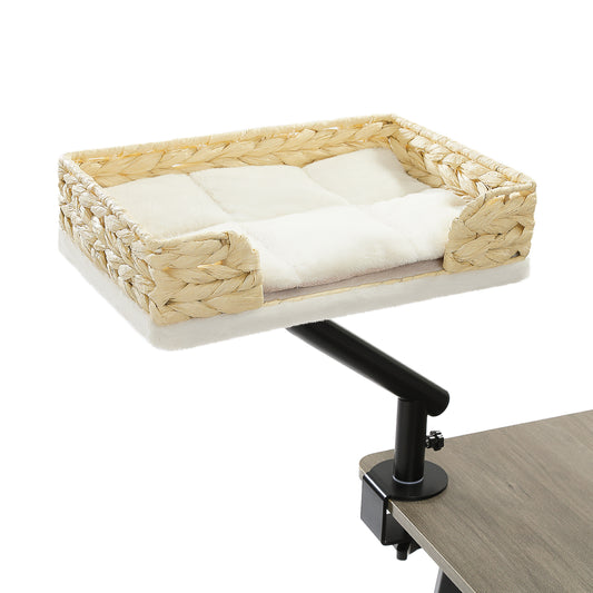 Nagaipet デスク用 猫ベッド 卓上ペットベッド 耐荷重20kg キャットベッド 小動物 猫ハンモック 360°回転 卓上収納 棚 物置台 展示台 頑丈 省スペース 取り付けが簡単 マット付き 洗える シンプル おしゃれ ナチュラルな素材— 高さ30cm