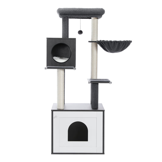 Nagaipet キャットタワー トイレ 猫タワー 多頭 木製 収納 家具 ぶつかり防止 角ガード コーナーガード 安全対策 多機能 滑り止めマット付き 猫ハウス ベッド ブラック ベージュ ブラウン 高さ146cm AMT0167