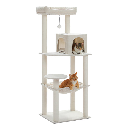 キャットタワー 猫タワー スリム 大型猫用 据え置き 麻生地 省スペース 綿紐 冬夏兼用 多頭飼い 登りやすい お手入れ簡単 高級 北欧 シンプル ハンモック 見晴台 ねこハウス ボンボン 運動不足解消 人気 おしゃれ 明るいベージュ 高さ143cm