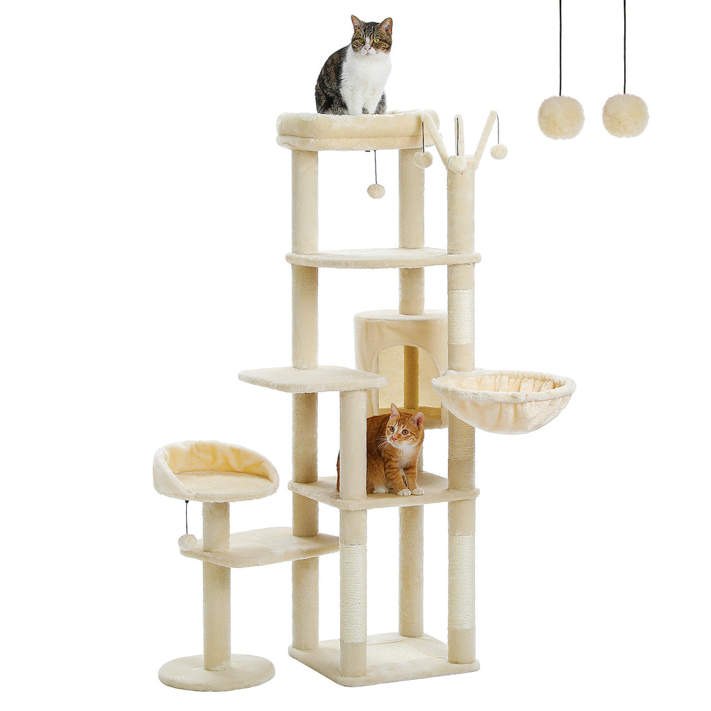 Nagaipet キャットタワー サボテン 花 桜色 スリム 多頭飼い 大型猫用 据え置き おしゃれ 爪とぎポール 猫ハウス ハンモック 猫タワー 運動不足解消 爪研ぎ サイザル麻 ポンポンおもちゃ シンプル かわいい 高さ150cm