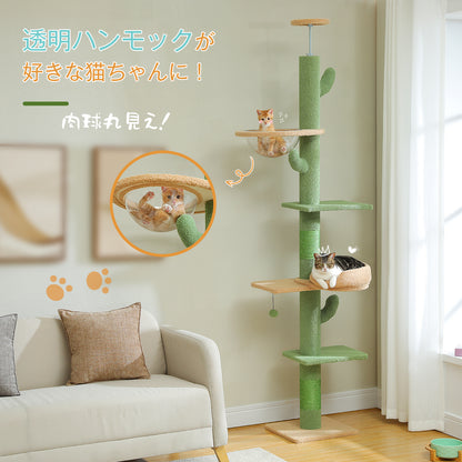 Nagaipet キャットタワー 突っ張り 極太10cm柱 サボテン スリム 太い支柱 猫タワー つっぱり 麻紐 多頭飼い コンパクト ハンモック 爪研ぎ つめとぎ 省スペース 運動不足解消 おもちゃ シンプル かわいい ネジ締め 高さ調整幅205～255cm
