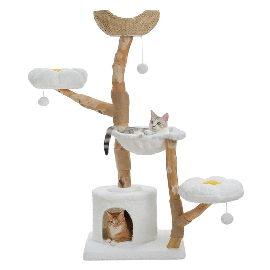 Nagaipet キャットタワー 天然木 梨の木 無垢材 木製 大型猫 手編みカゴ  猫タワー 高品質 多頭飼い 据え置き モフモフ ふわふわ 猫 爪研ぎ 麻紐 猫ハウス 展望台 おもちゃ 可愛い おしゃれ つめとぎ ホワイト 高さ150cm