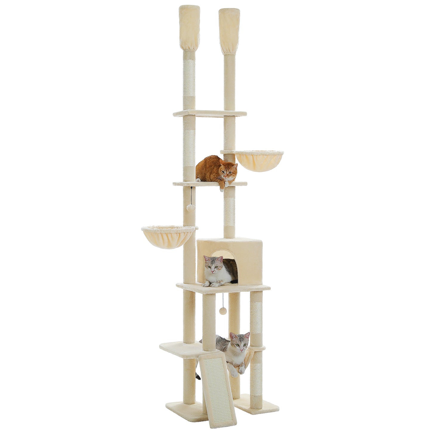 Nagaipet キャットタワー 突っ張り スリム 大型猫 多頭飼い サボテン コンパクト つっぱり ハンモック×3 爪研ぎ つめとぎ 省スペース 運動不足解消 おもちゃ シンプル かわいい 高さ調整幅216～285cm