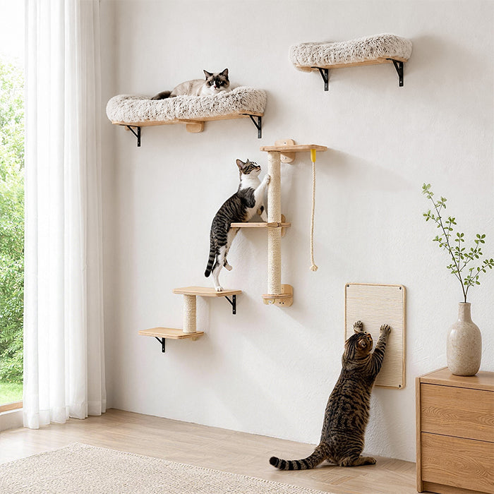 Nagaipet キャットウォーク キャットタワー 壁掛け 木製 DIY 五つセット 省スペース 棚 猫ステップ 爪とぎ 滑り止めマット 多機能 運動不足 ストレス解消 インテリア リビング 寝室用 組み立て お手入れ簡単 耐荷重15kg！