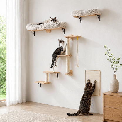 Nagaipet キャットウォーク キャットタワー 壁掛け 木製 DIY 五つセット 省スペース 棚 猫ステップ 爪とぎ 滑り止めマット 多機能 運動不足 ストレス解消 インテリア リビング 寝室用 組み立て お手入れ簡単 耐荷重15kg！