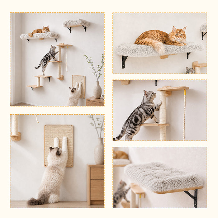 Nagaipet キャットウォーク キャットタワー 壁掛け 木製 DIY 五つセット 省スペース 棚 猫ステップ 爪とぎ 滑り止めマット 多機能 運動不足 ストレス解消 インテリア リビング 寝室用 組み立て お手入れ簡単 耐荷重15kg！