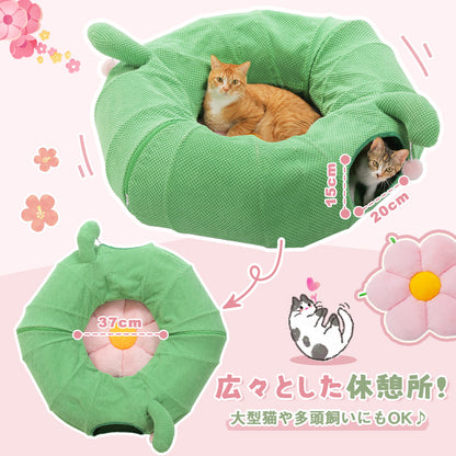 Nagaipet 猫トンネルベッド 猫用 おもちゃ 大型 ドーナツ 丸型 サボテン 花 3way 折りたたみ 人気 可愛い 組み立て自由 収納簡単 丈夫 省スペース 多頭飼い 一人遊び ポンポン 猫遊宅 ストレス発散 運動不足 小型犬 うさぎ サボテン色