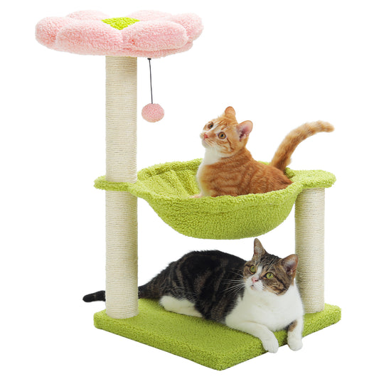 Nagaipet キャットタワーミニ 猫タワー 据え置き スリム 低い 小型 木の葉 お花 猫ベッド ハンモック コンパクト 省スペース 天然サイザル麻 カラフル 人気 おしゃれ 可愛い 組立簡単 おもちゃ ポンポン インテリア ピンク イエロー 高さ70cm