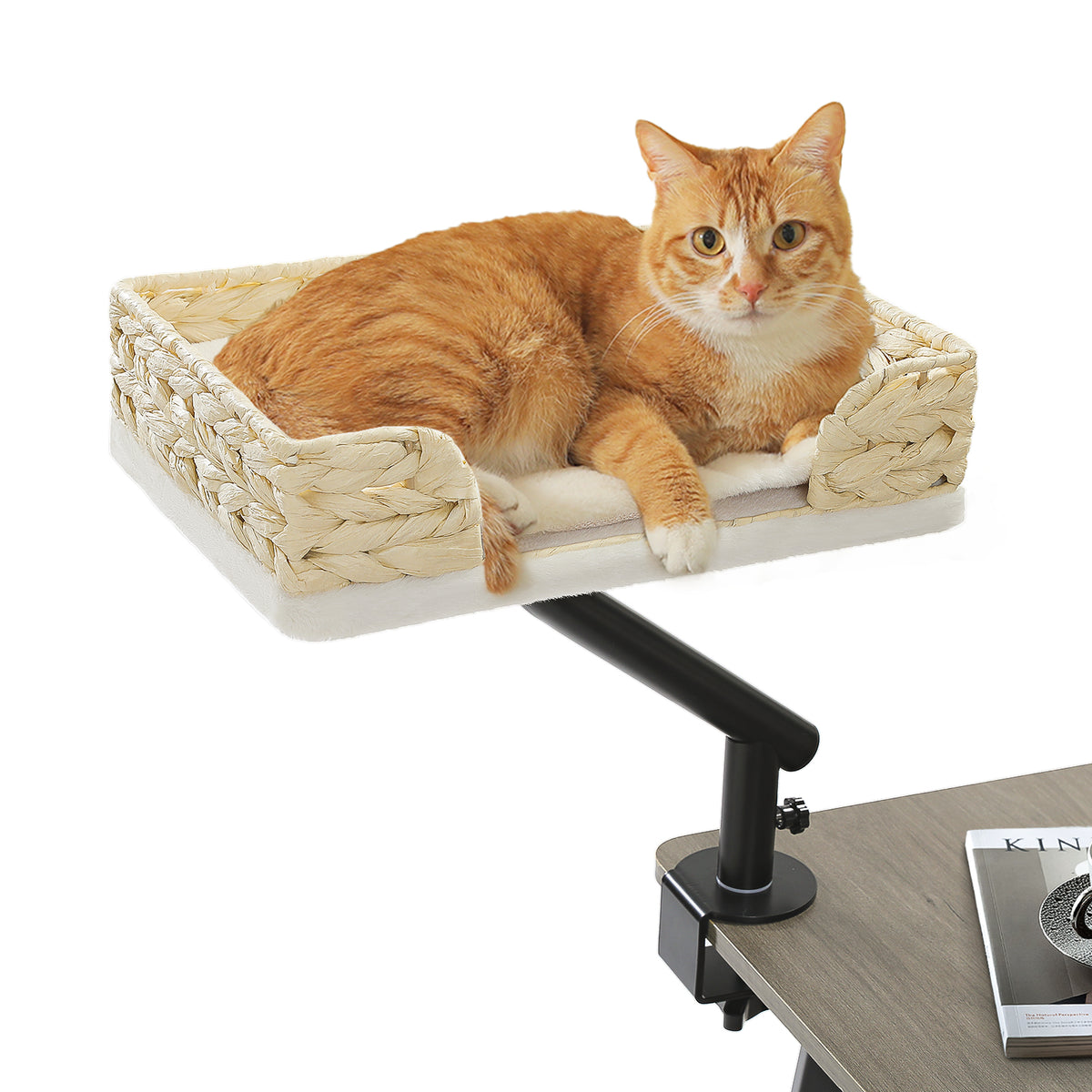 Nagaipet デスク用 猫ベッド 卓上ペットベッド 耐荷重20kg キャットベッド 小動物 猫ハンモック 360°回転 卓上収納 棚 物置台 展示台 頑丈 省スペース 取り付けが簡単 マット付き 洗える シンプル おしゃれ ナチュラルな素材— 高さ30cm