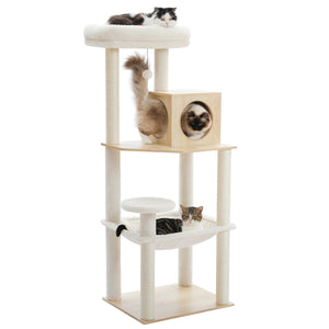キャットタワー 木製 スリム 大型猫 広いハンモック 猫タワー 据え置き 置き型 組立簡単 爪とぎ 麻紐 多頭 人気 コンパクト シンプル おしゃれ 運動不足解消 ねこ ネコ ベージュ ピンクベージュ 高さ143cm