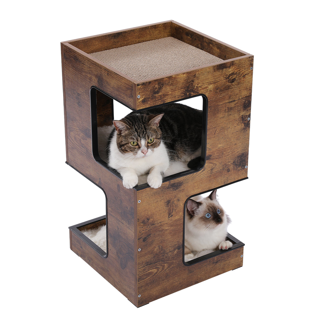 Nagaipet キャットタワー 木製 猫タワー 木目調 猫ベッド 猫ハウス ナイトテーブル サイドテーブル 爪とぎダンボール 爪研ぎマット付属 クッション付き 据え置きタイプ おもちゃ付き 家具 インテリア コンパクト 三階 3層 高さ60cm AMT0184