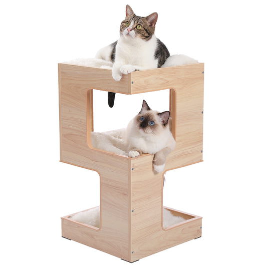 Nagaipet キャットタワー 木製 猫タワー 木目調 猫ベッド 猫ハウス ナイトテーブル サイドテーブル 爪とぎダンボール 爪研ぎマット付属 クッション付き 据え置きタイプ おもちゃ付き 家具 インテリア コンパクト 三階 3層 高さ60cm AMT0184